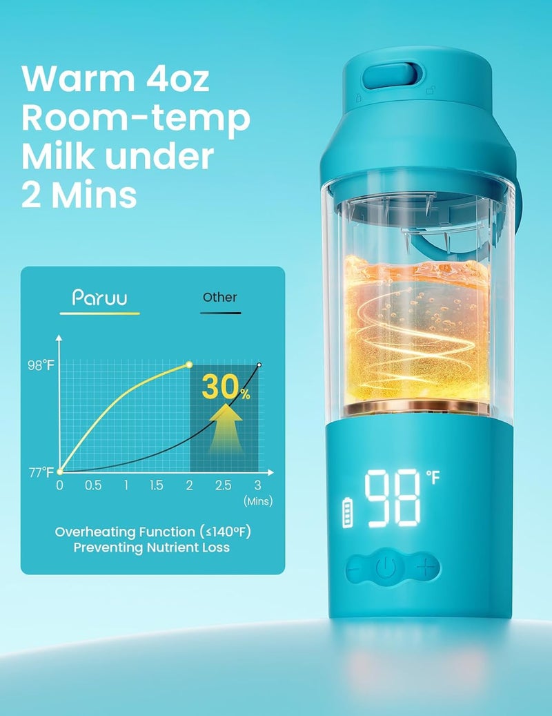 Paruu Portable Bottle Warmer for Travel, Easy-Clean Wide Mouth, Portable Milk Warmer with Fast Heating for Night Feeding, 7-Temp Control, Large 12oz Capacity, Ideal Gifts for New Parents, Blue - Image 2